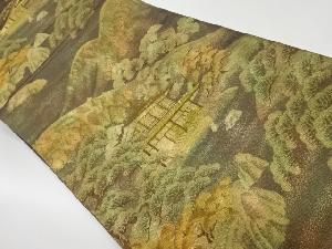 リサイクル　山並に松・寺院風景模様織出し袋帯